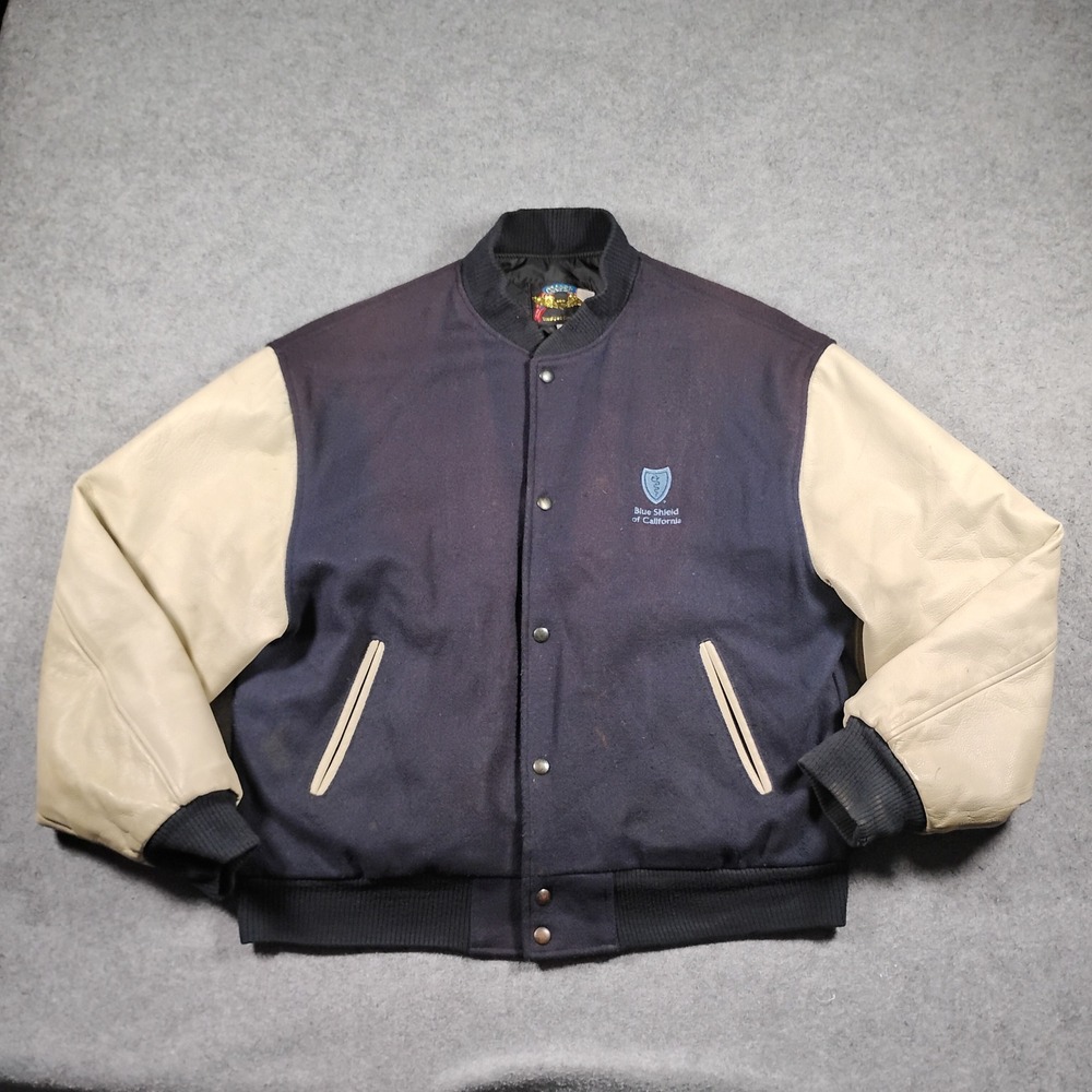 Cooper Vintage Varsity Jacket Blue Shield California Wool Leather Navy Cream L
